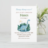 Blauwe dinosaurus verjaardag kaart (Staand voorkant)