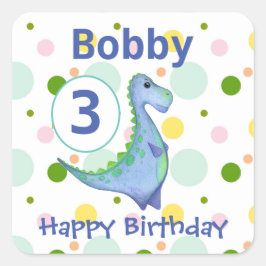 Blauwe Dinosaurus Verjaardag Party Naam & Leeftijd Vierkante Sticker