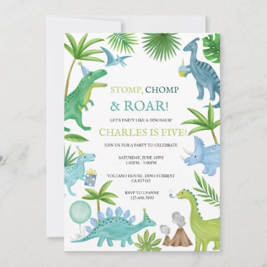 Blauwe Dinosaurus Verjaardag Uitnodiging (Voorkant)