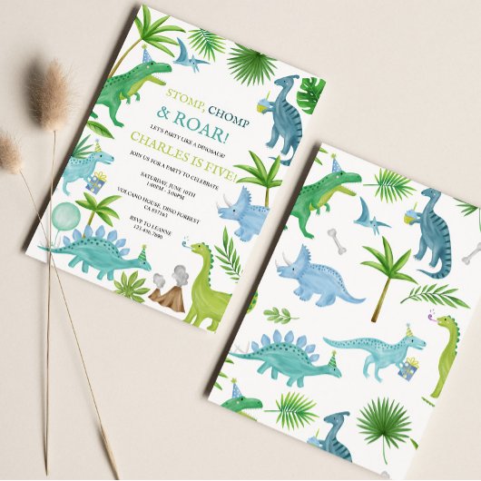 Blauwe Dinosaurus Verjaardag Uitnodiging