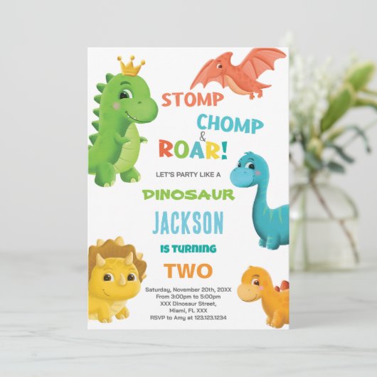 Blauwe Dinosaurus Verjaardag Uitnodigingen (Staand voorkant)