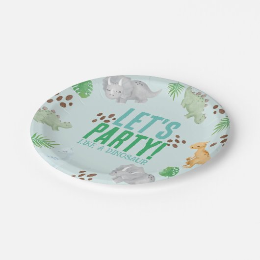 Blauwe Dinosaurus verjaardagsfeestje, kind feest d Papieren Bordje (Gekanteld)