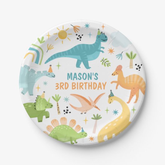 Blauwe Dinosaurus Verjaardagsfeestje Papieren Bordje (Voorkant)