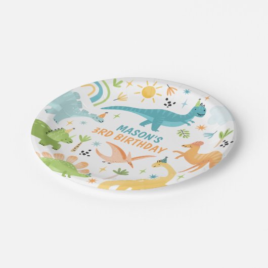 Blauwe Dinosaurus Verjaardagsfeestje Papieren Bordje (Gekanteld)
