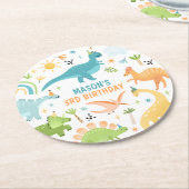Blauwe Dinosaurus Verjaardagsfeestje Ronde Kartonnen Onderzetter (Gebogen)