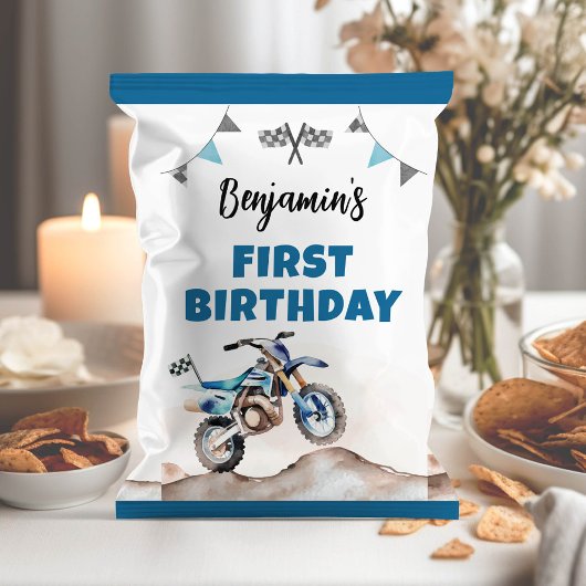 Blauwe Dirt Bike Jongens Verjaardag Chip Zak Wrapp Flyer