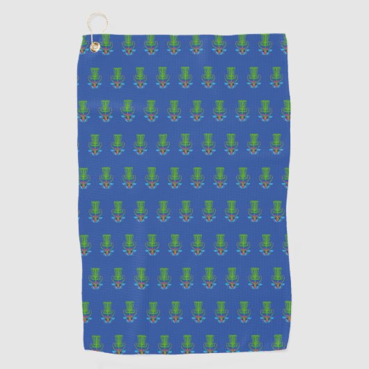 Blauwe Disc Golf handdoek met groene mand (Voorkant)