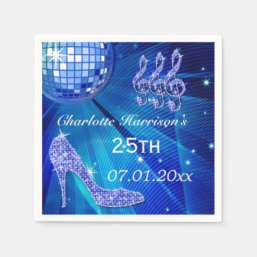 Blauwe Disco Bal en Glitter Hakken 25e Servetten (Voorkant)