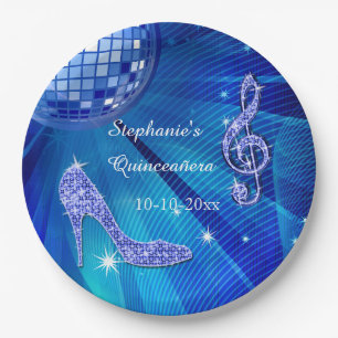 Blauwe Disco Bal en Hoge Hakken Quinceañera Papieren Bordje