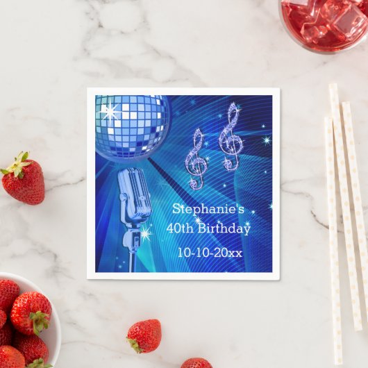 Blauwe Disco Bal en Retro Microfoon 40e Verjaardag Servetten (Insitu)