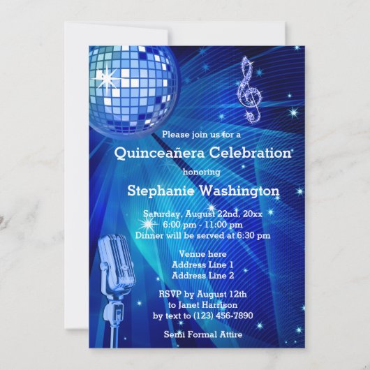 Blauwe Disco Bal en Retro Microfoon Quinceañera Kaart (Achterkant)