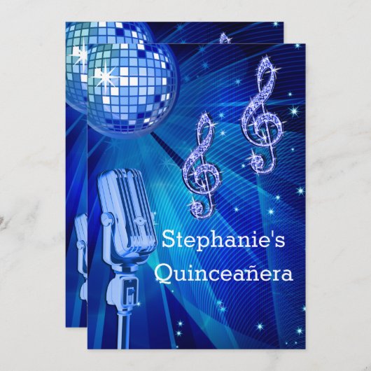 Blauwe Disco Bal en Retro Microfoon Quinceañera Kaart (Voorkant / Achterkant)