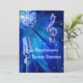 Blauwe Disco Bal en Retro Microfoon Sweet 16 Kaart (Staand voorkant)