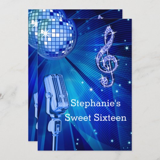 Blauwe Disco Bal en Retro Microfoon Sweet 16 Kaart (Voorkant / Achterkant)