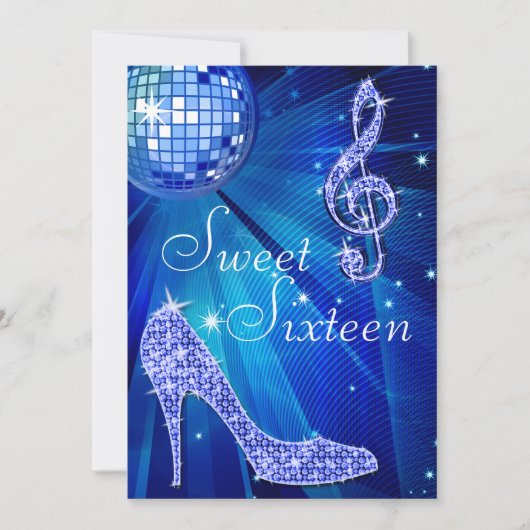 Blauwe Disco Bal en Sparkle Heels Sweet 16 Kaart (Voorkant)