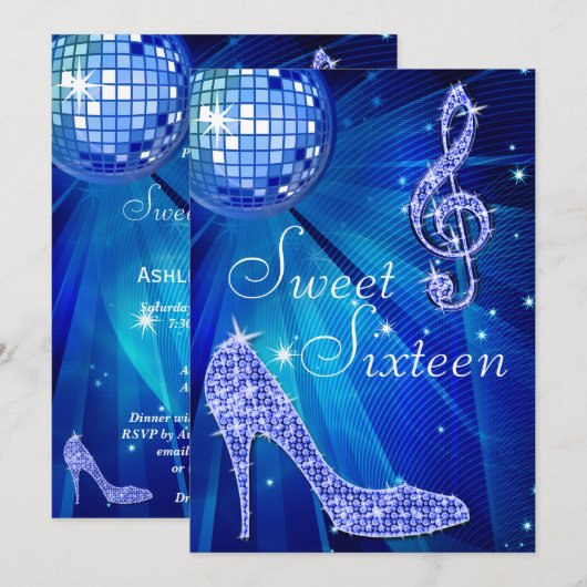 Blauwe Disco Bal en Sparkle Heels Sweet 16 Kaart (Voorkant / Achterkant)