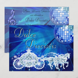 Blauwe Disco Bal, Prinses Koets & Paarden Sweet 16 Kaart