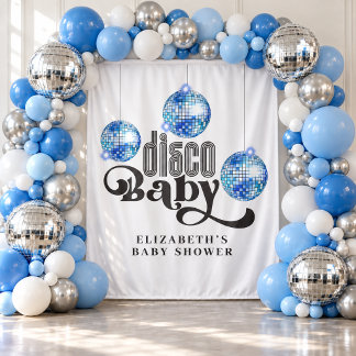 Blauwe Disco Bal Retro Disco Baby Shower Achtergro Wandkleed