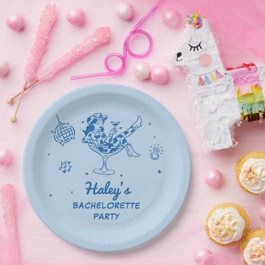 Blauwe Disco Cowgirl Rodeo Bachelorette Weekend Papieren Bordje (Feest)