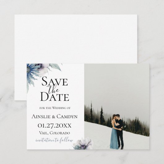 Blauwe Distel Anemoon Foto Save The Date Aankondiging (Voorkant / Achterkant)