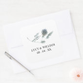 Blauwe distel botanische bloemenbruiloft dank u vierkante sticker (Envelop)