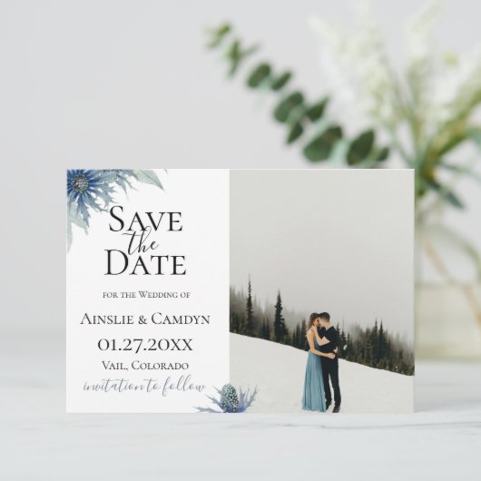 Blauwe Distel Foto Save The Date Aankondiging (Staand voorkant)