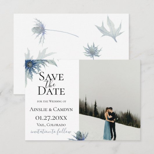 Blauwe Distel Foto Save The Date Aankondiging (Voorkant / Achterkant)
