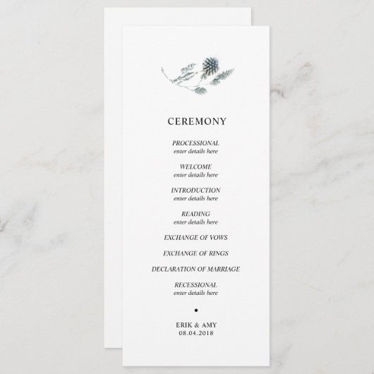 Blauwe distel huwelijksceremonie programma programmakaart (Voorkant / Achterkant)