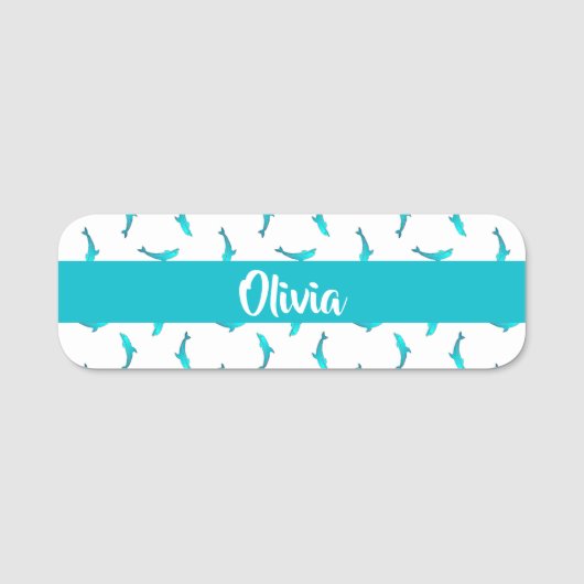 Blauwe dolfijnen op wit naamplaatje (Voorkant)