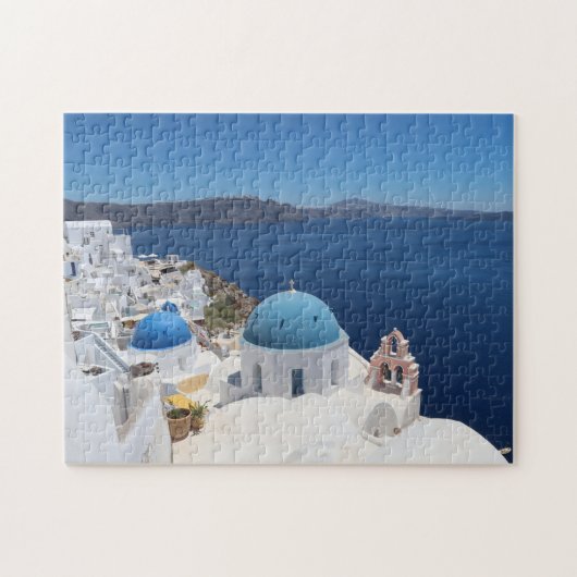 Blauwe dome kerk in Santorini Legpuzzel (Horizontaal)