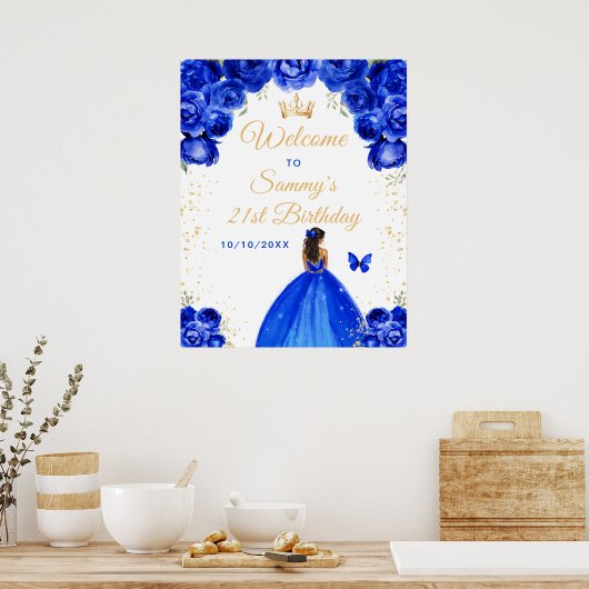 Blauwe Donkere Huid Prinses Verjaardag Welkom Poster (Keuken)