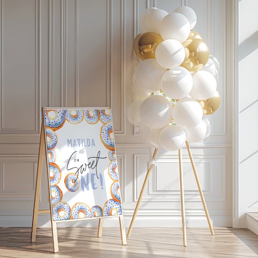 Blauwe donut 1e verjaardagsfeestje welkomstbord poster