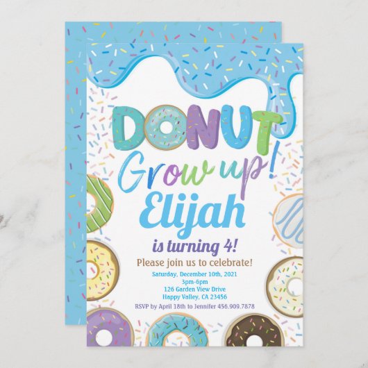 Blauwe Donut Groei Op Jongen Kid Verjaardagsfeest Kaart (Voorkant / Achterkant)