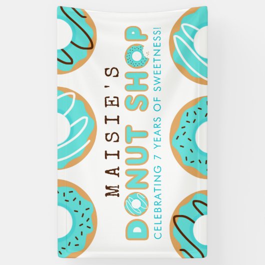 Blauwe Donut Shop Birthday Party Spandoek (Verticaal)