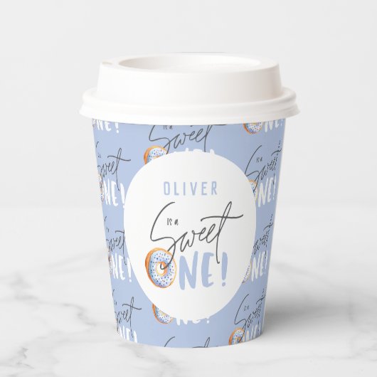 blauwe Donut zoet een 1e verjaardag feestkleding Papieren Bekers (Achterkant)