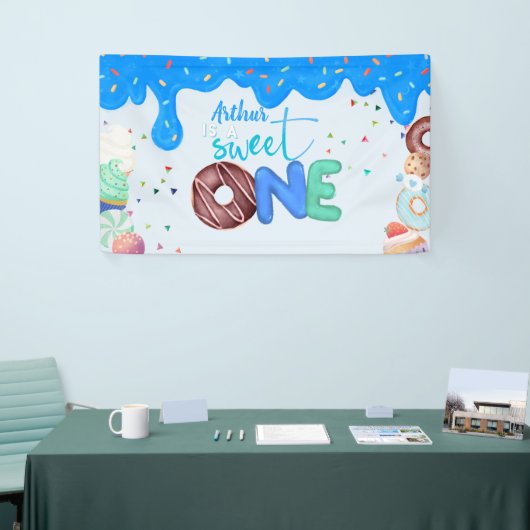 blauwe Donut zoet een 1e verjaardag Spandoek (Beurs)