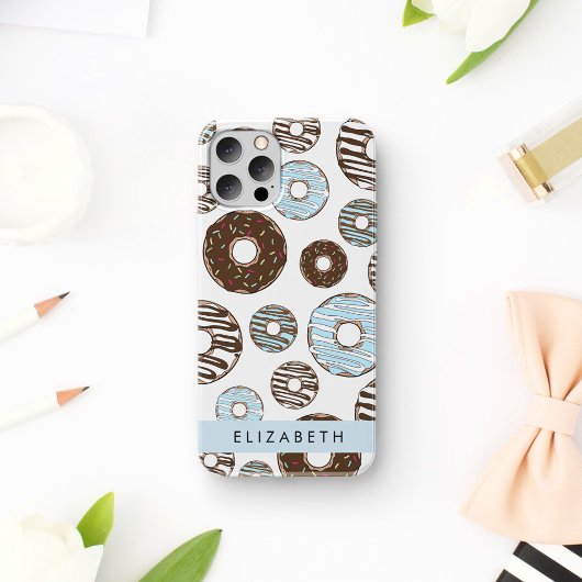 Blauwe Donuts, Bruine Donuts, Strooien, Jouw naam Case-Mate iPhone Case