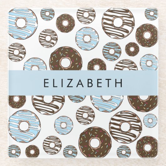 Blauwe Donuts, Bruine Donuts, Strooien, Jouw naam Glazen Onderzetter (Voorkant)