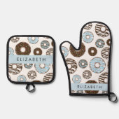 Blauwe Donuts, Bruine Donuts, Strooien, Jouw naam Ovenwant & Pannenlap Set (Voorkant)