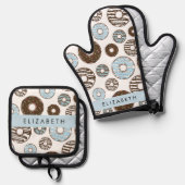 Blauwe Donuts, Bruine Donuts, Strooien, Jouw naam Ovenwant & Pannenlap Set (Voorkant / Achterkant)