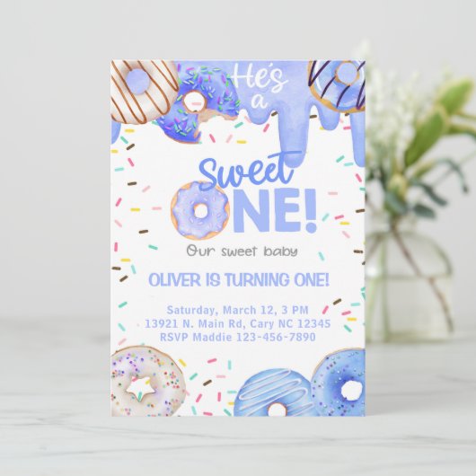 Blauwe donuts, hij is een lieve 1-zoontenjarige ui kaart (Staand voorkant)