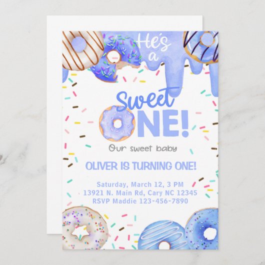 Blauwe donuts, hij is een lieve 1-zoontenjarige ui kaart (Voorkant / Achterkant)