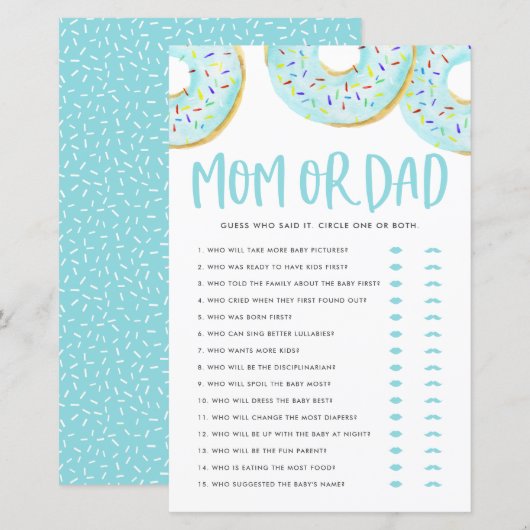 Blauwe Donuts raden wie Baby shower van mama of pa (Voorkant / Achterkant)