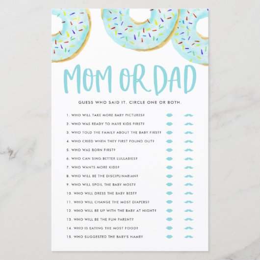 Blauwe Donuts raden wie Baby shower van mama of pa (Voorkant)