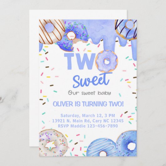 Blauwe donuts twee zoete jongen 2e verjaardag uitn kaart (Voorkant / Achterkant)