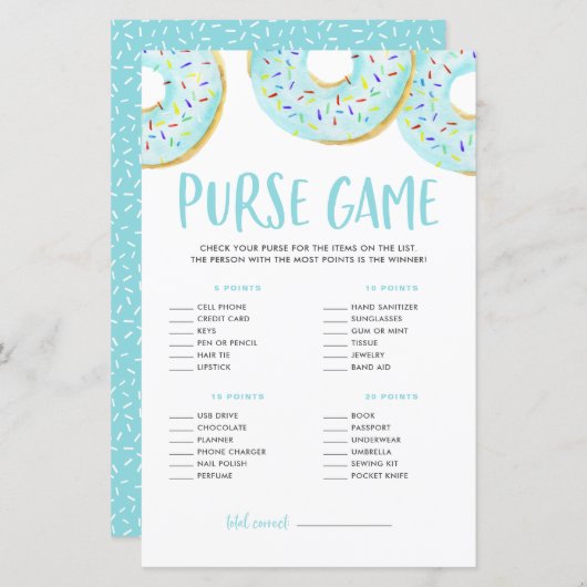 Blauwe donuts wat er in je paarse Baby shower game (Voorkant / Achterkant)