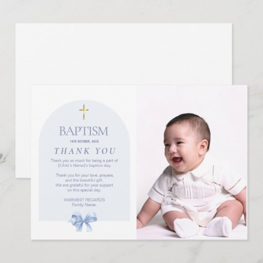 Blauwe doop Dankkaart voor Jongen met Foto Kaart (Voorkant / Achterkant)