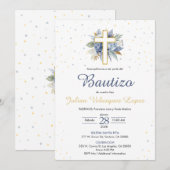 Blauwe Doop Jongens Kruis Bloemen Spaanse Bautizo Kaart (Voorkant / Achterkant)