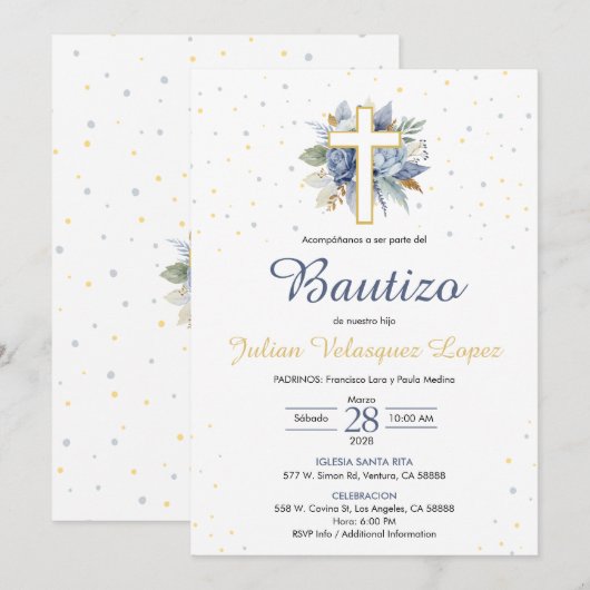 Blauwe Doop Jongens Kruis Bloemen Spaanse Bautizo Kaart (Voorkant / Achterkant)