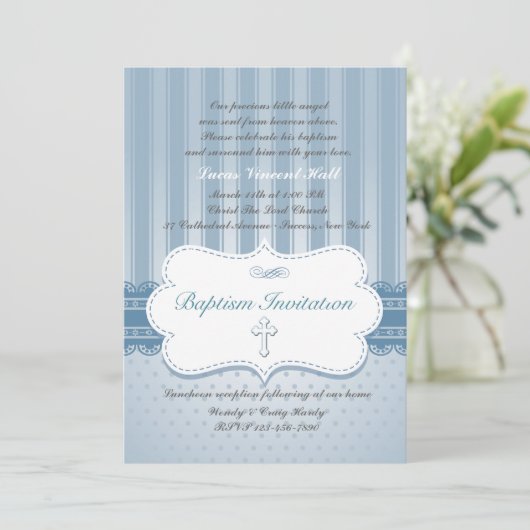 Blauwe doop Religieuze uitnodiging (Staand voorkant)